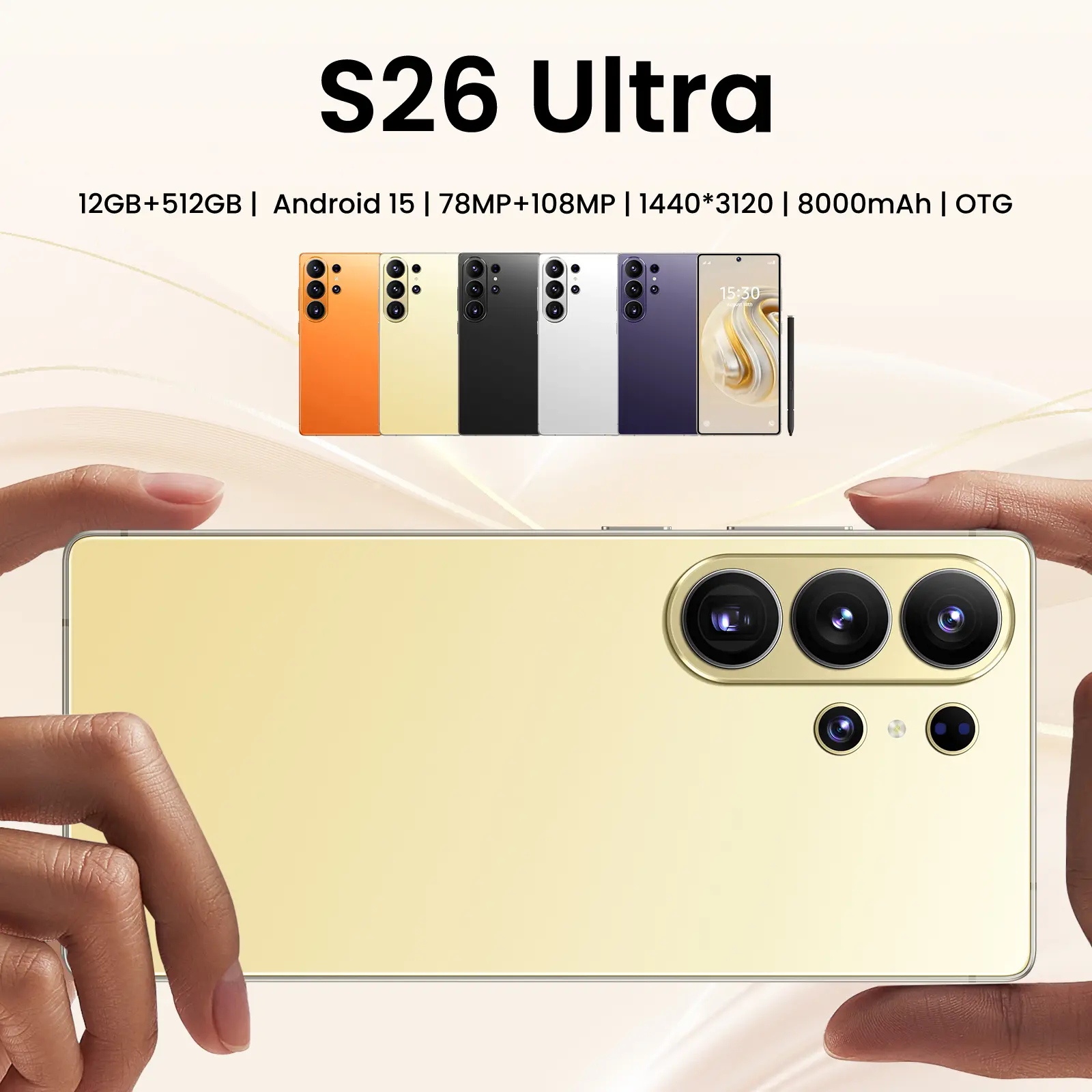 2026 New S26 Ultra 5G Unlocked Phone, Android 15, 12GB RAM + 512GB ROM, 6.99" HD Screen, 78MP+108MP Camera, 8000mAh Battery, Dual SIM, Stylus, Full Accessories