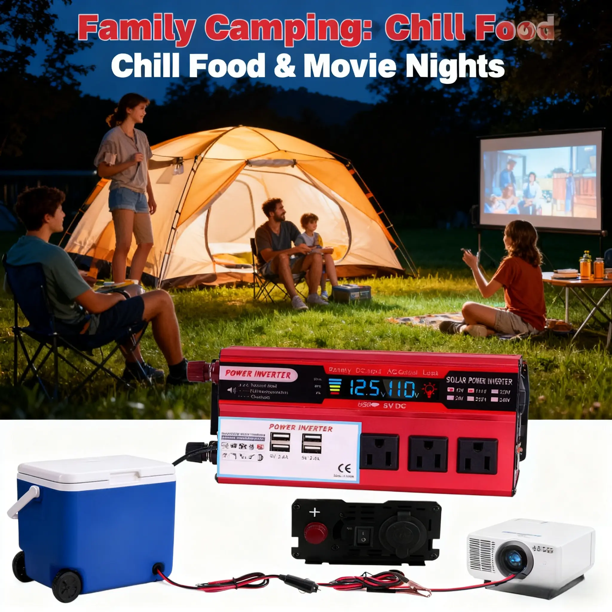 12V to 120V 5000W Power Inverter - CompactOutdoorCamping Voltage Transformer (200W &Above), 60HzFrequency, +10% Stable Voltage, 3AC Sockets, 4 USB FastCharging Ports, for RoadTrips, Emergency Power Needs