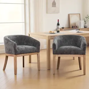 Modern Upholstered Barrel Dining Chair Set of 2, Natural Hardwood Frame, Farmhouse Linen Chairs for Dining Room, Kitchen, Office