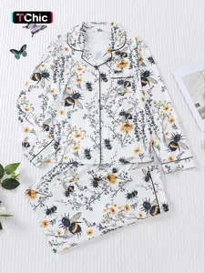 Two-Piece Set Women's All Over Christmas Print Button Front Shirt & Elastic Waist Pants, Casual Comfy Long Sleeve Lapel Neck Top & Trousers Set, Ladies Sleepwear for Spring & Fall, Casual Pajama Sets, Loungewear