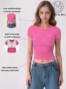 1pcs 2025 women's round neck short sleeve t-shirt with built-in chest pads, casual and versatile, suitable for going out wear, girls summer essential short sleeve t-shirt 023