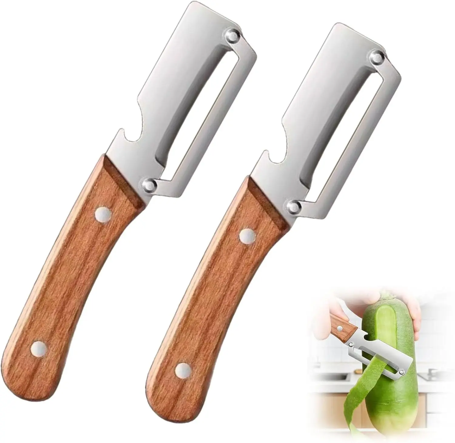 Kitchen Multi-function Stainless Steel Thickened Fruit Peeler Knife,Multifunctional Vegetable Peeler,Vegetable Peele Wood Handle,Multifunctional Peele 2 in 1,for Peeling&Opening Bottles (2pcs and 4pcs),Summervibes Father's Day Gift