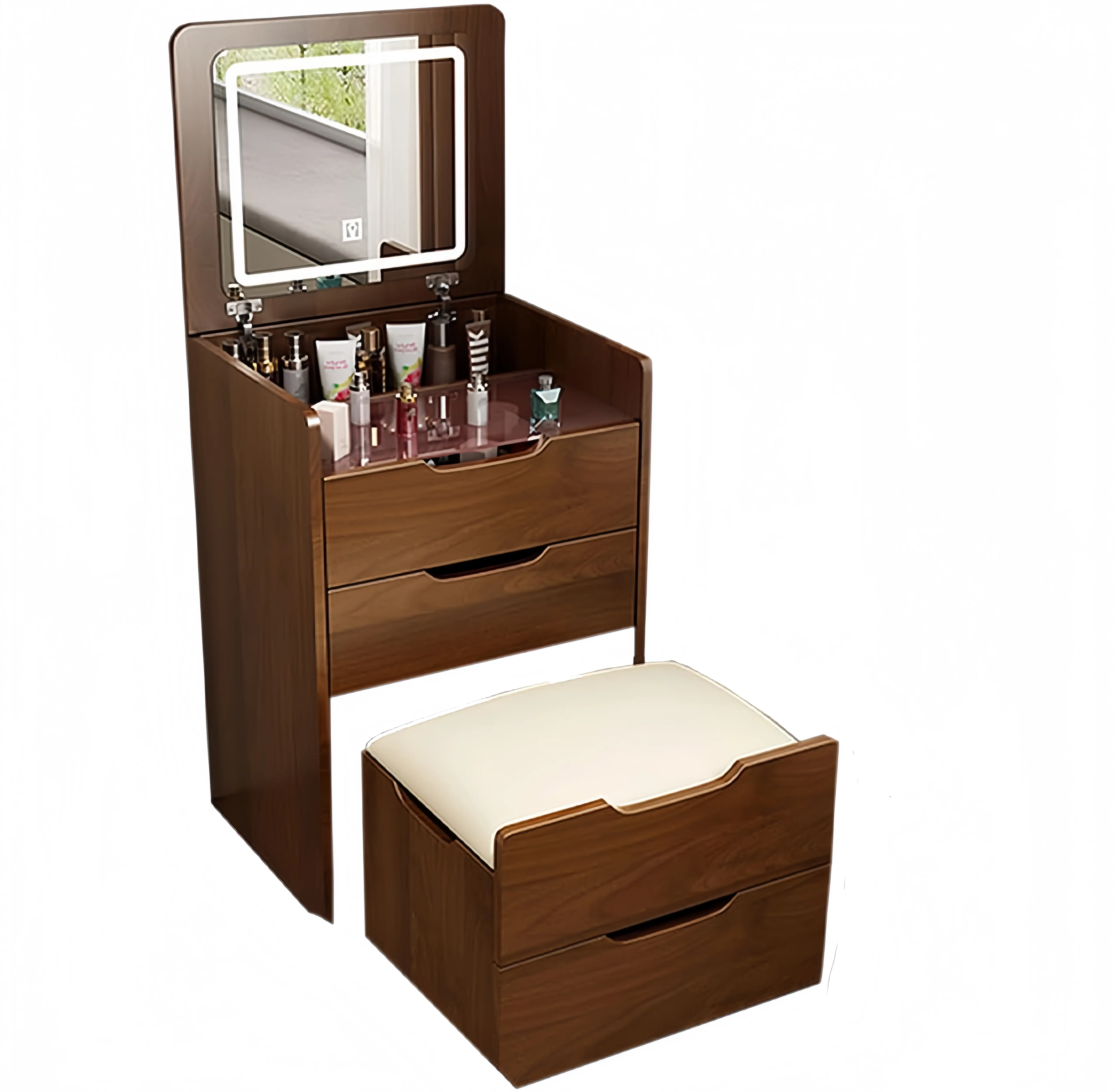 Modern Walnut 3-in-1 Compact Makeup Vanity Dressing Table (48cm) - Flip-Top Mirror, Visible Glass Desktop, 3 Drawers, Integrated Design, Included Stool, Small Indoor Furniture