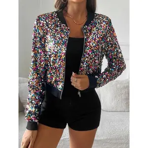 Women’s glitter sequin zip-up jacket, casual long-sleeve V-neck outerwear for daily wear, ladies’ clothing for all seasons, coats