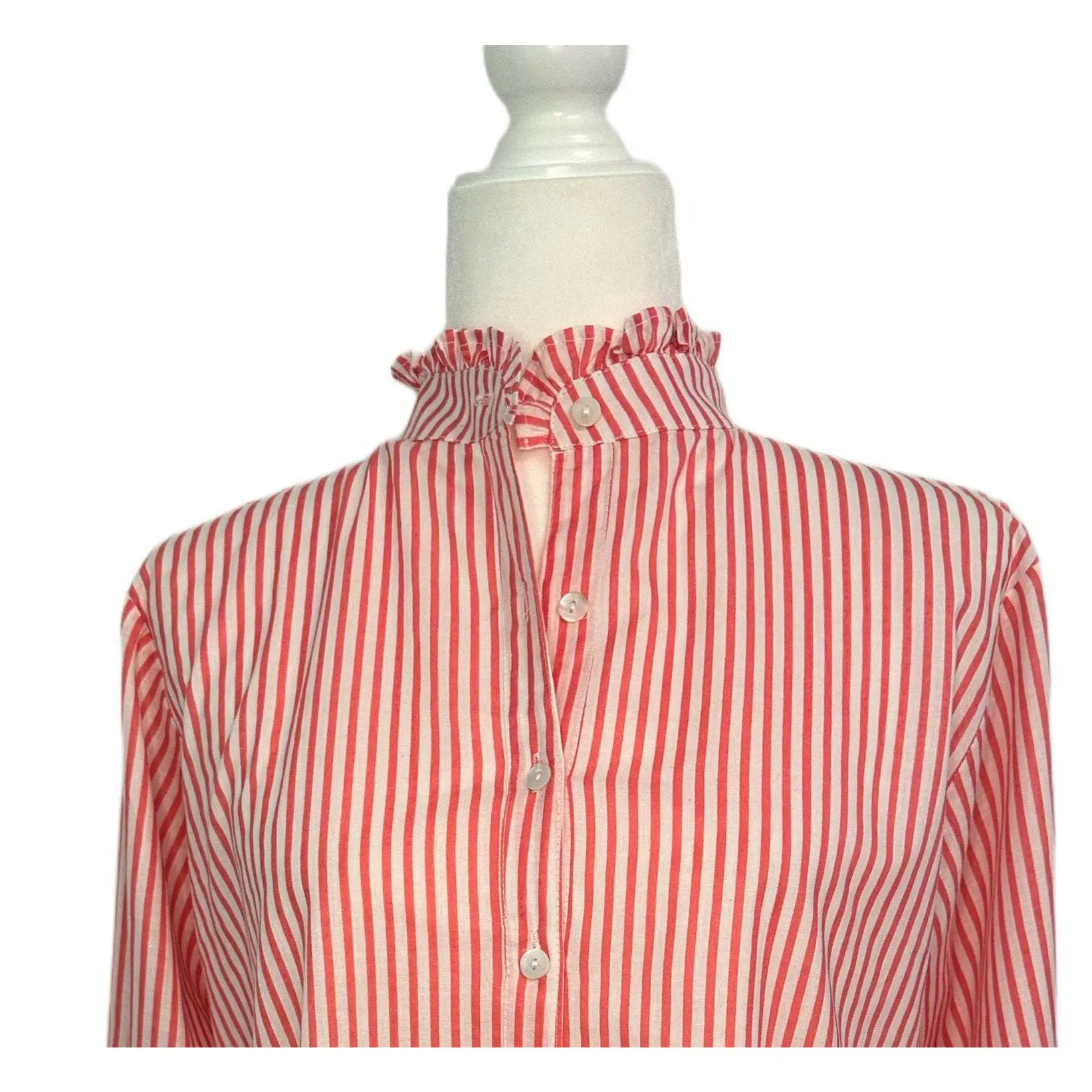 NEW ~ Pink & White Striped Women's Block Print Ruffle Collared Button Down Blouse