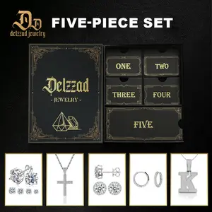 [Surprise Fashion Jewelry Set] Delzzad Silver/Golden Jewelry Set with 5pcs Gift Boxes for Men  Synthetic Moissanite Four-Prong Halo Earrings Huggies Earrings Letter Pendant Cross Necklace Birthday Wedding Engagement Anniversary Christmas Gift for Men