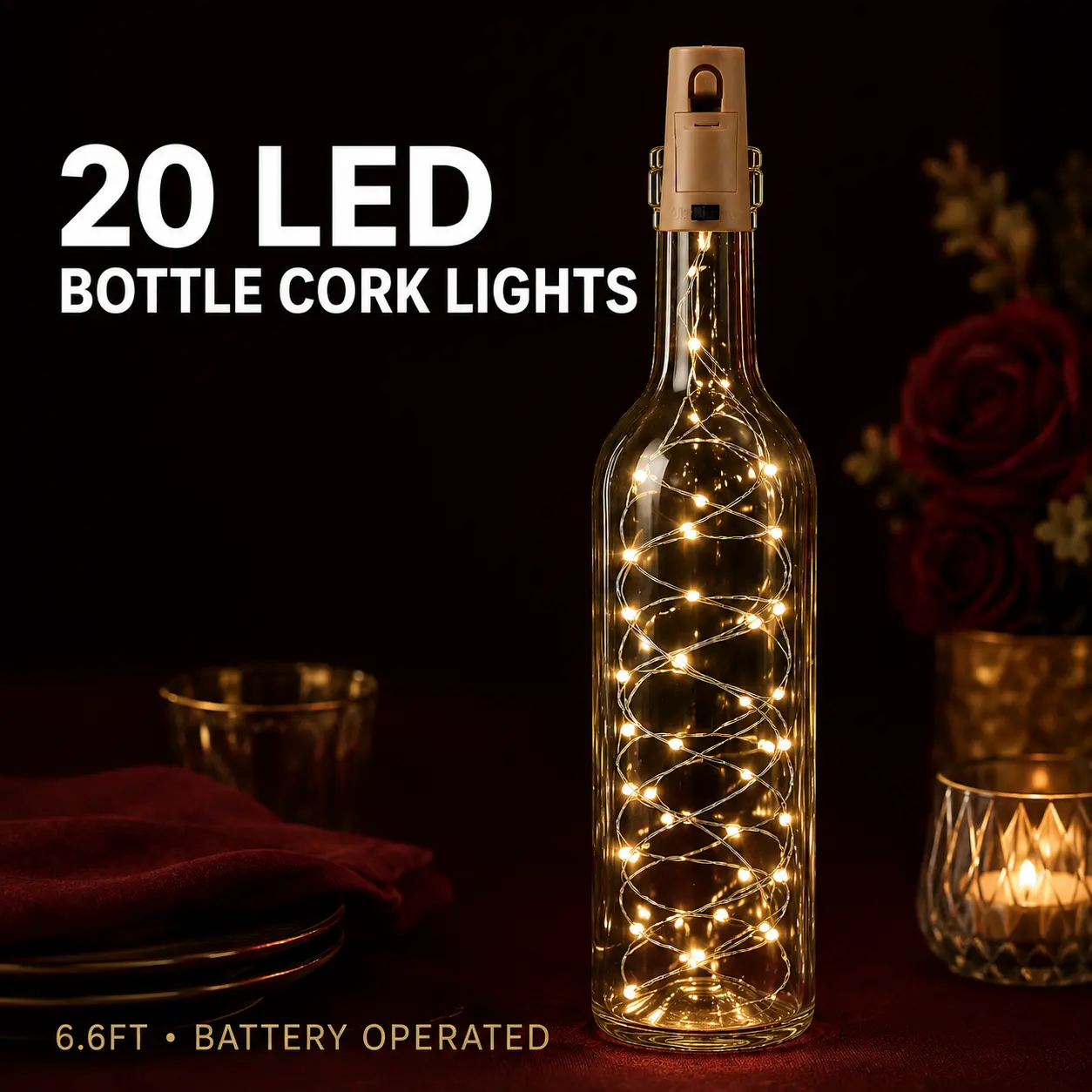20 LED Wine Bottle Cork Lights, 6.6FT Battery Operated Mini Fairy String Lights with Flexible Silver Wire for DIY Bottles, Wedding, Party, Christmas and Table Decorations