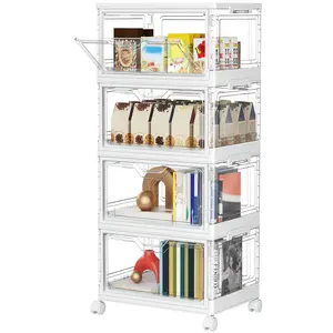 Clear  Storage Bin with Lid 4 Pack 【Stackable & Sturdy】Plastic Bins for Storage, Multifunctional Folding Storage Bins for Bedroom, Living Room, Study, Toy Room, 24 QT Folding Box with Magnetic door