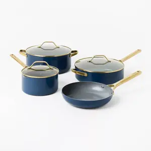 7pc Nonstick Ceramic Coated Aluminum Cookware Set with Champagne Handles Navy - Figmint