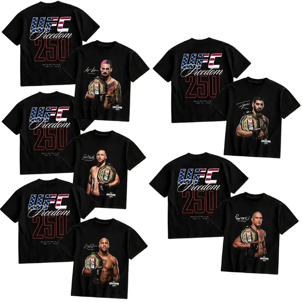 Men's UFC Freedom 250 Collection Classic Cotton Short-Sleeve Graphic Streetwear T-Shirt - Featuring Topuria, Gaethje, Ciryl Gane, Sean O'Malley, Alex Pereira - MMA Fan Gift for Him, Shortsleeve