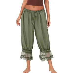 Women Lace Bloomer Pants Elastic Waist Victorian Pantaloons Ruffle Lace Trim Capris Pettipants Pajama Bottoms