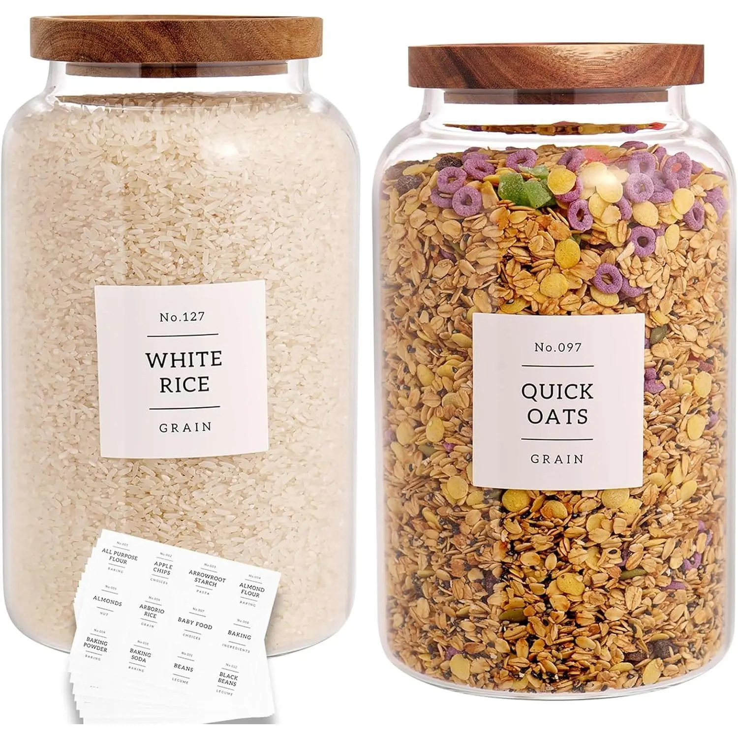 Set of 2 Large Glass Jar with Airtight Acacia Lid and 132 Kitchen Pantry Labels, Clear Glass  Storage Jars Containers for Rice Flour Pasta Sugar Coffee Cookie and More(98 Fl Oz/2800 Ml)