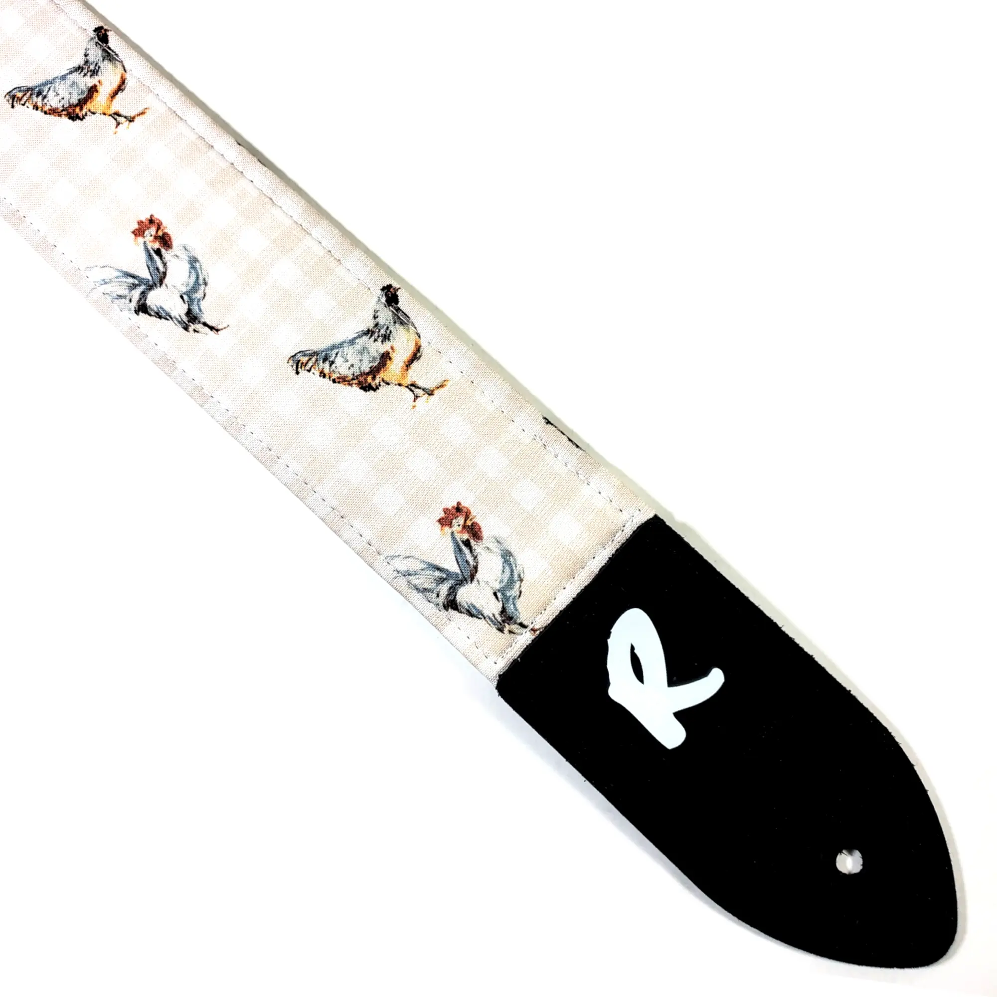 Chicken Guitar Strap - Hen Rooster on Plaid Guitar Strap-  Handmade Guitar Strap