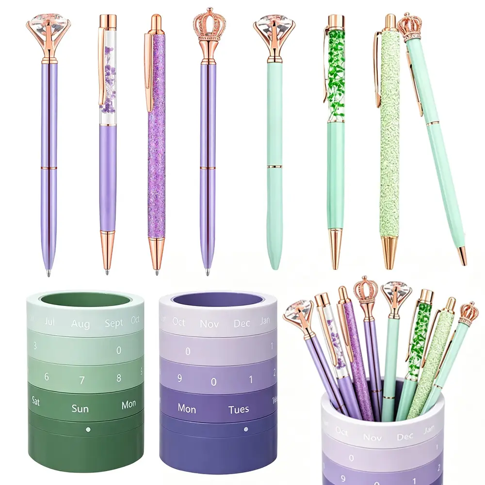 Elegant & Modern 2-Piece Stationery Desk Organizer Set - Pen Holder with 8 Pens, Battery-Free Manual Dial Perpetual Calendar, Compact Rotating Date Wheel for Home Study Tables (Ideal for Promotions, Birthdays, Colleagues), Elegant & Modern Desk Organizer