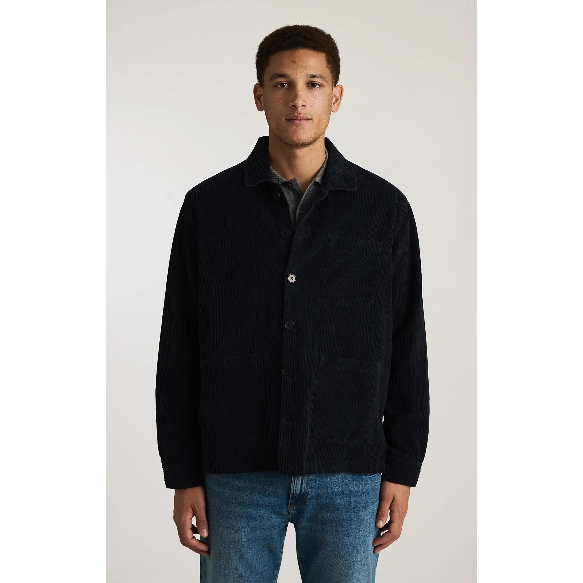 Men's Navy Cotton Overshirt, Timeless Casual Button-Up Top with Roomy Long Sleeves for Layering, Fabric, Roomy Fit, Button Up Long-Sleeve Casual Shirts