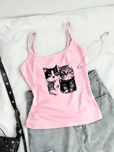 Women's Y2K Sexy Slim-Fit Tank Top, Vintage Cat Print Design, Casual Sexy Style, Daily Wear Preferred, Fashionable Summer Clothing, Animal Print