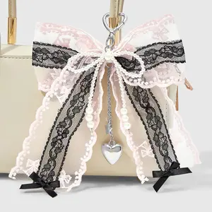 1 piece Korean retro fashion minimalist handmade beaded charm featuring white faux pearls, multicolor lace with cutout details, bows, stars, and hearts; DIY keychain/bag pendant suitable for women’s everyday wear and as a holiday gift