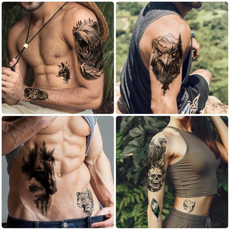 77 Sheets Temporary Tattoos, 17 Sheets Half Arm Wolf Lion Tiger Bear Leopard Eagle Fake Tattoos for Adults Shoulder Neck, 60 Sheets Tiny Animal Temporary Tattoos Realistic for Men Women Boys & Girls