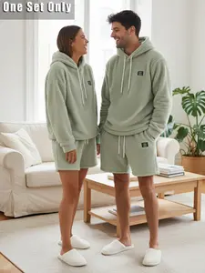 Unisex Teddy Fleece Long Sleeve Hoodie & Shorts Set Outfit – Cozy Wear 2025 | All-day Warm Vibes, Men Size Up, Home Clothes