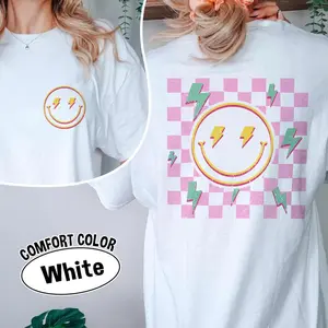 Comfort Colors Checkered Smiley Face Shirt, Retro Smile Tee, Funny Smiley Shirt, Happy Face Graphic Tee, Lightning Smiley Tee