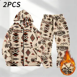 Retro Ethnic Style Hooded Fleece Jacket - Medium Polyester Warm & Comfortable Winter Outfit for Casual Wear - Geometric Design Long Sleeve Coats Womenswear Piece men's Versatile Warmth