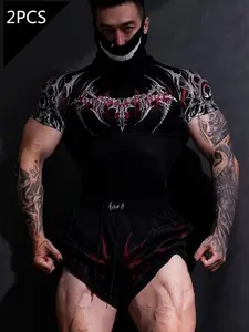 Men's Dark Venom Print Fitness Set, Athletic Apparel, Street Style, High Elasticity, Quick-Dry, Breathable, Slim Fit, Ideal for Gym Training, Workout Sets