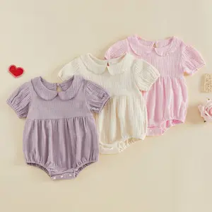 Imcute Infant Baby Girl Bubble Romper Summer Puff Short Sleeve Doll Collar Cute Solid Color Jumpsuit Onesie Bodysuit