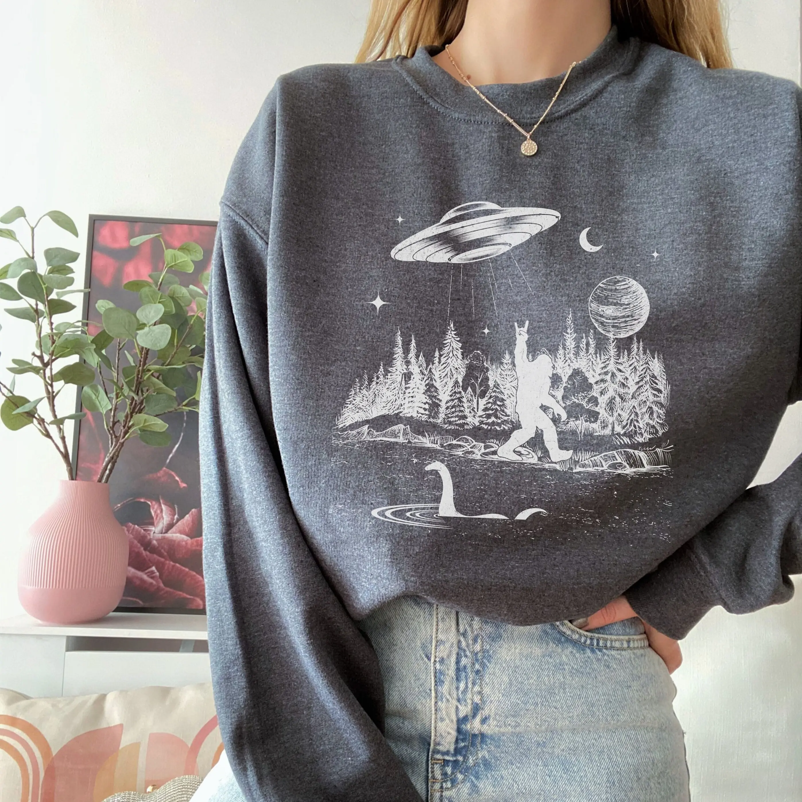 Sasquatch Sweatshirt, Folklore Cryptozoology Sweater, Mystery Flying Saucer, Loch Ness Monster, Alien UFO T Shirt, Camping Hiking Crewneck Cotton