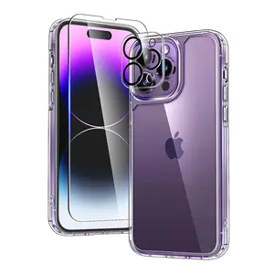 5 in 1 for iPhone 14 ProMax case Clear, Non-Yellowing,2 Screen and 2 Camera Lens Protectors,Military Grade Drop Protection,Shockproof SlimCase,Magnetic ring for wireless charging Accessories Crystal Tempered Bubble Protective Handheld Cover Casing