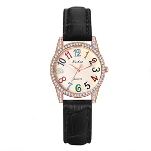 OIDEA Girls' Rainbow Color PU Leather Analog Quartz Watch - Rhinestone Diamond Bezel, Bling, Colorful, Diamond-Stoned, Fashionable, Jeweled Quartz Watch for Summer, Bling Quartz Watches, Colorful Quartz Watches