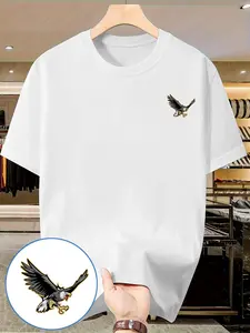 Tailed Eagle Print T-Shirt, Men's American Vintage Casual Short Sleeve, Slim-Fitting, No Button, No Zipper, Summer Top