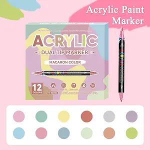 12 Color Fresh Macaron Acrylic Markers Set, Acrylic Marker Pen, Dual Tip Design, Quick Dry, Full Coverage, Perfect for Handmade Stickers Notebooks Stone Painting