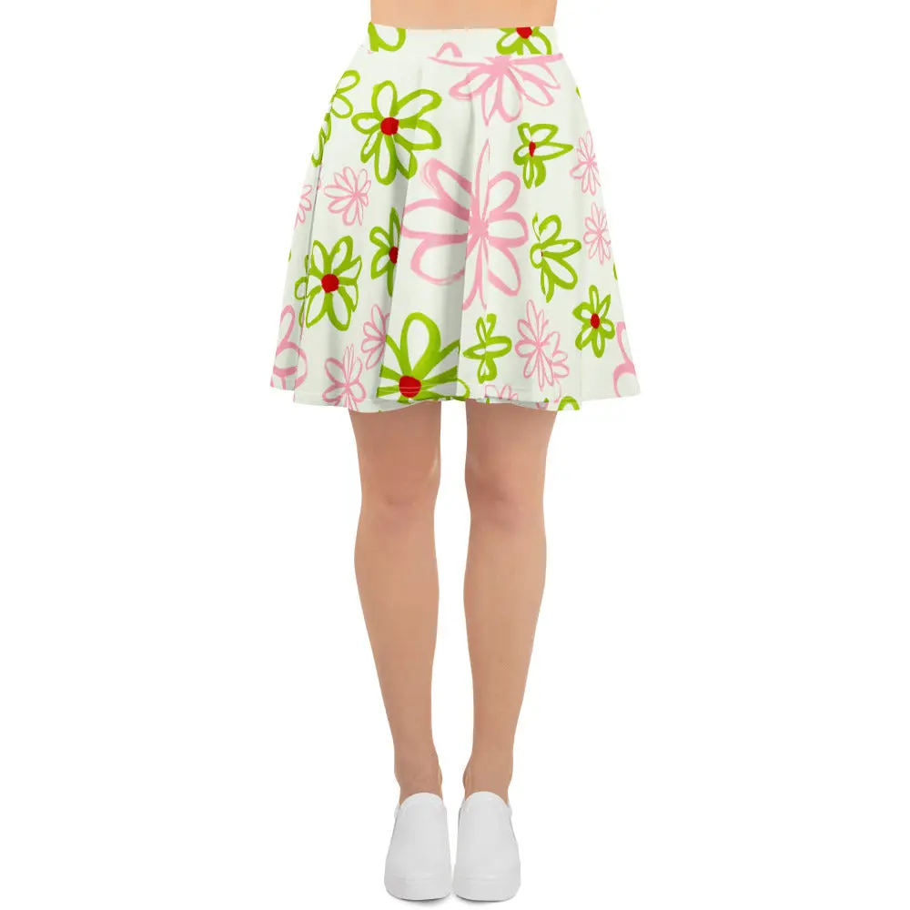 Pink & Green Daisies On White Skater Skirt