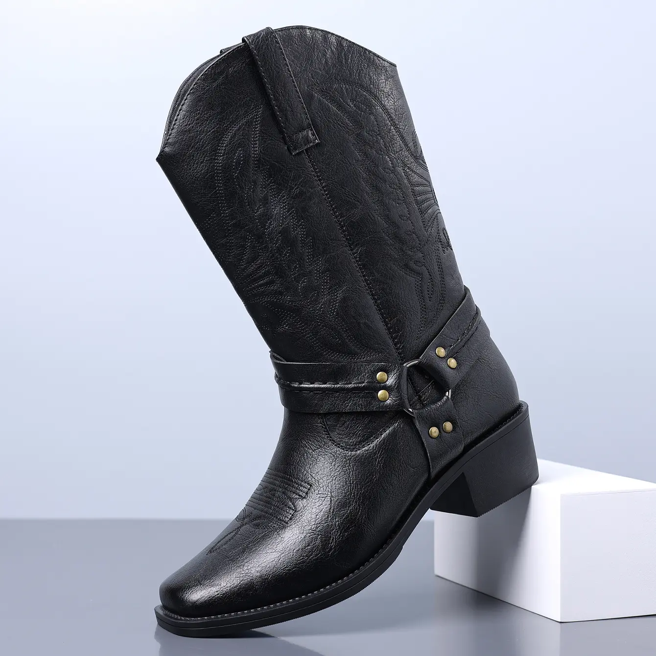 Retro Square‑Toe Cowboy Boots For Men, Mid‑Calf Lace‑Free Pull‑On Boots, Metal Rivet Harness Strap, Block Heel Casual Shoes For Daily Use, Black & Brown Available
