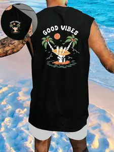 Men's Casual Graphic Tank Top, Skull Surfing Mood Pattern, Tropical Beach Vacation Style, Sleeveless Fitted Design, Trendy Fashion
