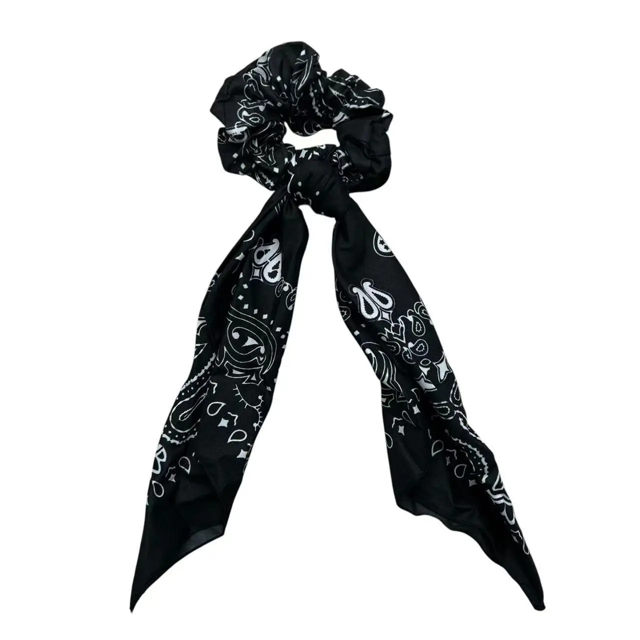 Paisley Satin Scarf Scrunchie with Tails, Western Bandana Print Ponytail Tie for Women, Coastal Cowgirl Hair Accessory, Paisley Hairbands & Scrunchies