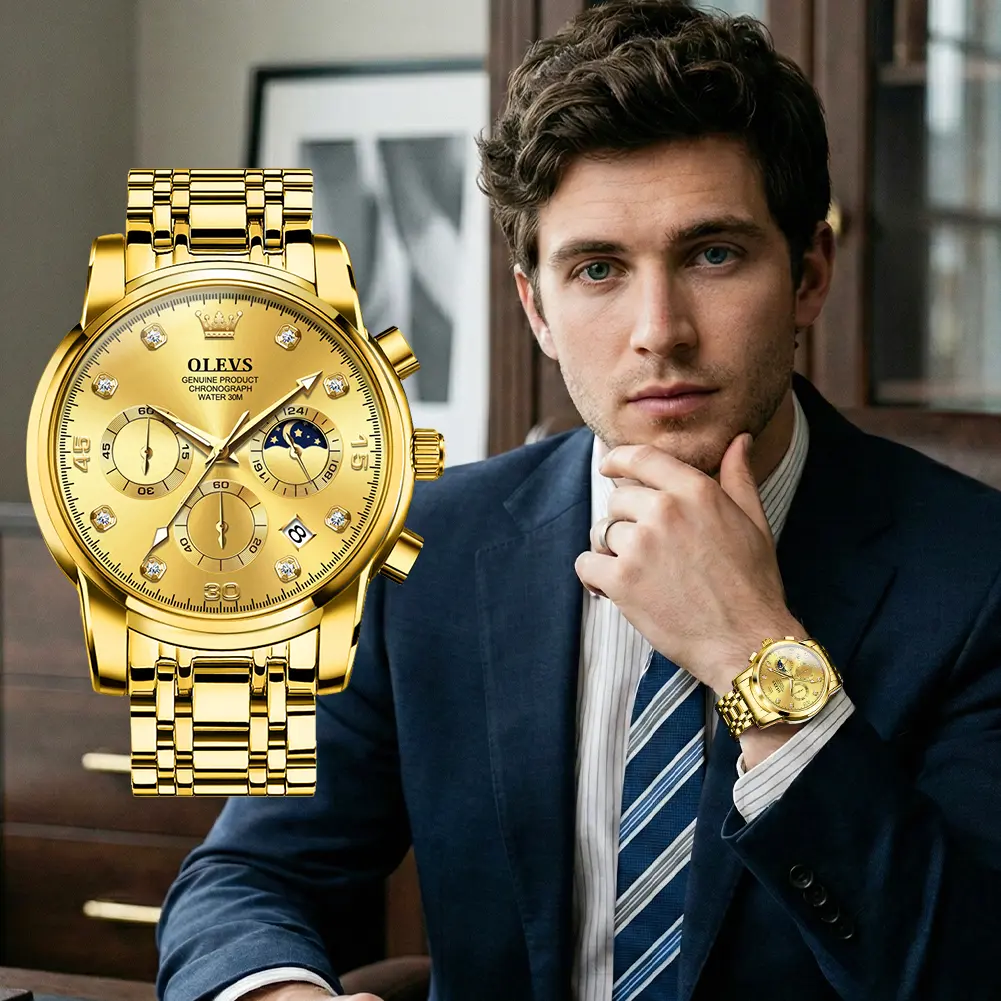 OLEVS Men's Chronograph Quartz Wristwatch - Gold, 30M - 50M Waterproof, 20 - 22Mm Band, Roman Numerals, Alkaline Batteries Included, 6-Month Reliability Fashion Watch for Men