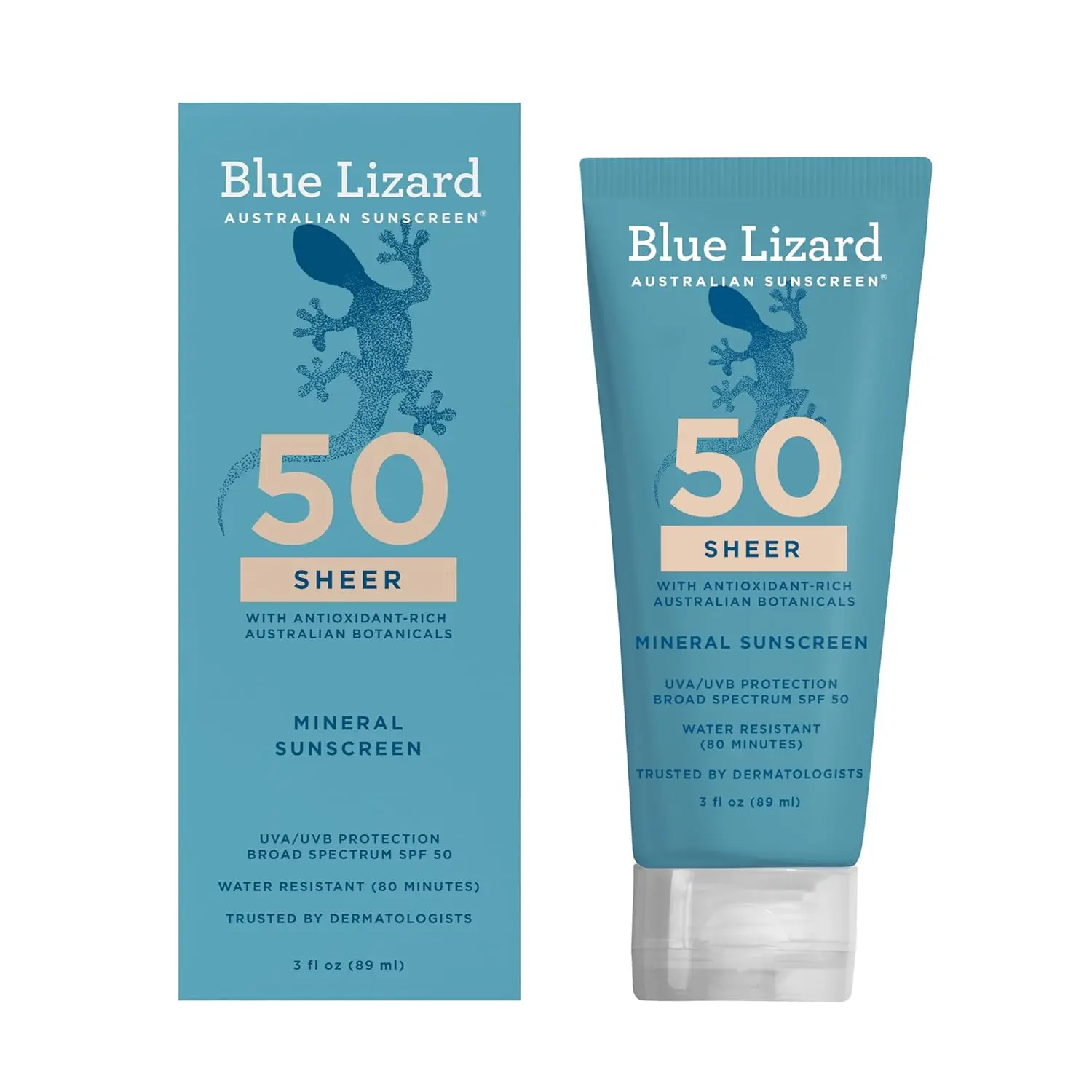 Blue Lizard Australian Sheer Body Mineral Sunscreen Lotion, SPF 50, 3 fl oz | Zinc Oxide, 100% Mineral Actives, Water Resistant, Nourishes & Moisturizes, Vegan, Fragrance & Paraben-Free, Rubs in Smooth