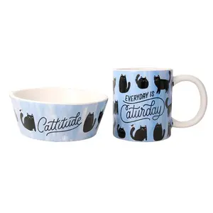 Hallmark Ceramic Mug and Bowl Set for Dogs, 2-Piece, Blue with "EVERYDAY IS Caturday" Text, Durable Design for Daily Use
