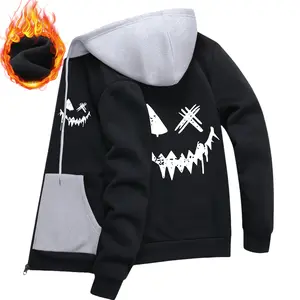 Men's Autumn & Winter Fleece Long Sleeve Personalized Smiley Face Print Pattern Pocket Zipper Hoodie Jacket Fashion Casual Sports Outdoor Men's Top Clothing, Perfect as a Surprise Gift for Boyfriend or Husband