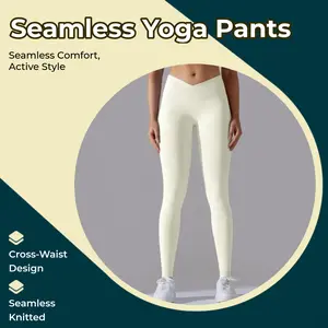 Women's Seamless Knitted Breathable Solid Color Cross-Waist Peach Butt Yoga Pants - Cropped Bottoms for Yoga, Running Fitness (Sports & Outdoor Apparel)