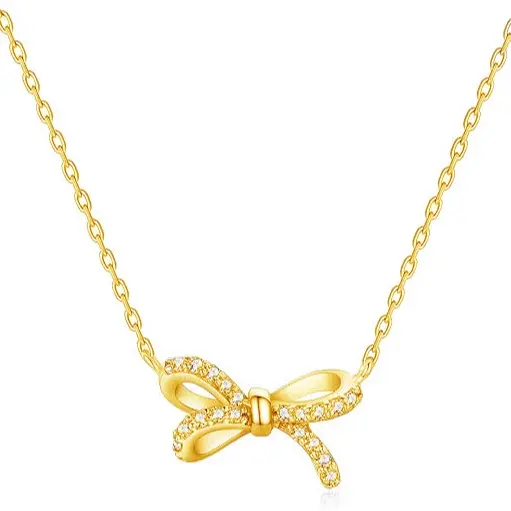 Gold irregularly hollowed-out zirconia bow necklac