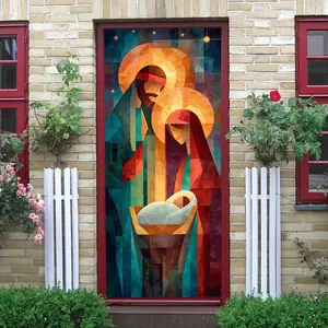 2pcs Christmas Nativity Scene Wall Stickers Religious Decor Jesus Mary Joseph Manger Art Decal for Home Living Room Door Window Xmas Holiday Decoration Removable Vinyl Murals Christian Religious Ornamen
