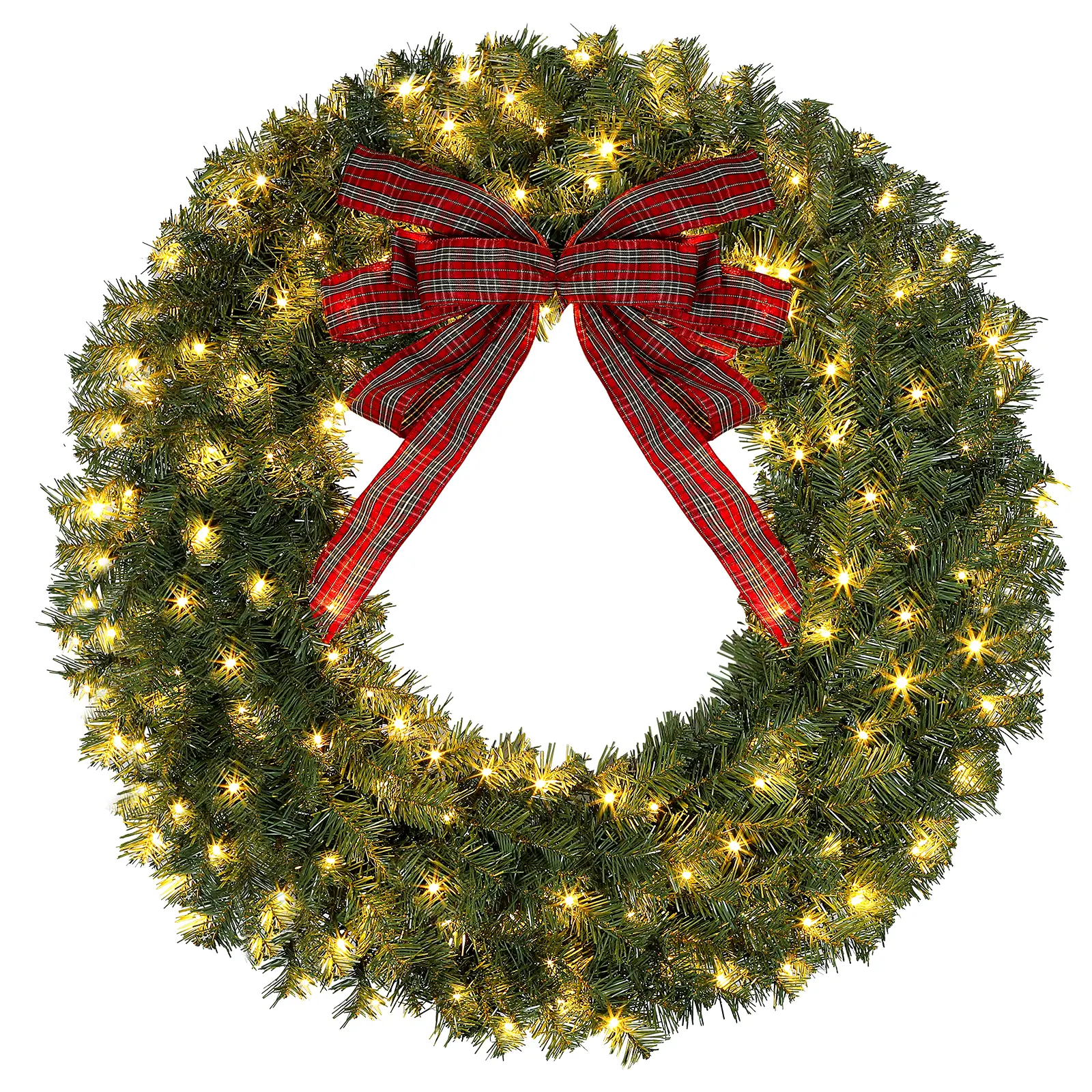 Okicoler 24" Pre-Lit Christmas Wreath, 50 LED Lights (11 Lighting Modes), Red Plaid Bow, 192 Branch Tips, Battery Operated, All-Weather Xmas Decor for Home Door Indoor Outdoor