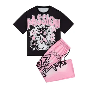Men's Summer Two Piece Outfits Short Sleeve Graphic T Shirt Pants Set Y2k Streetwear Clothes