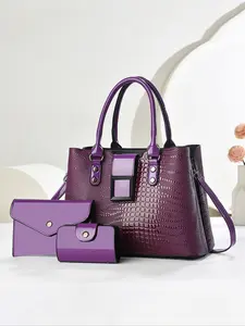 Elegant 3-Piece PU Handbag Set for Women, Fashionable Appeal Tote with Coin Purse & Card Holder, Large Capacity Practical Shoulder Bag, Chic Asymmetrical Shape Design, All Seasons Use