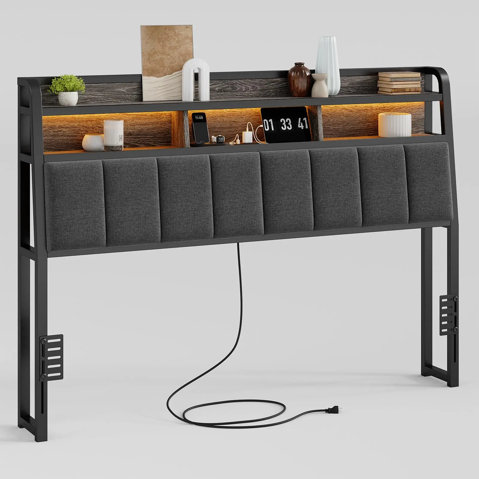 【SummerFinds】ONBRILL Ergonomic Upholstered Headboard (Queen/King Size, Headboard Only) - 2-Tier Storage, Color Changing LED Lights, USB Ports, Height Adjustable, Modern Furniture, Sturdy Base, Home Decor for Bedroom Setup