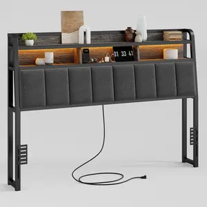 ONBRILL Queen/King Size Headboard with 2-Tier Storage, Uphlstered Headboard with LED Light & USB Ports,【HeadBoardOnly】, Height Adjustable, Sturdy and Stable