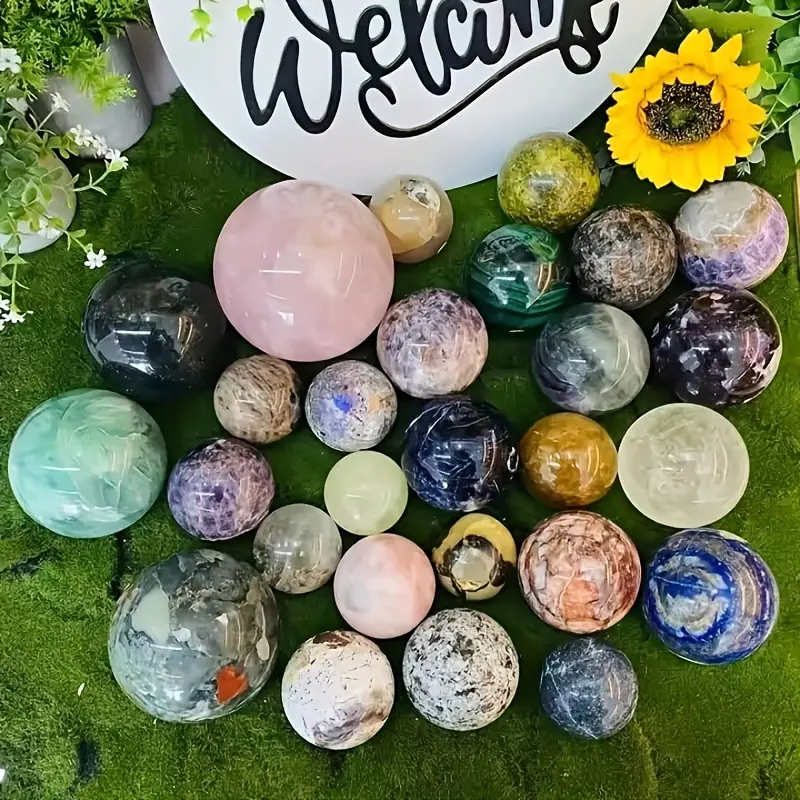Natural Polished Crystal Sphere - Healing Crystal Stone Feng Shui Ornament, Meditation Prop, Home Decor Energy Corner Accent, Meaningful Small Gift for Halloween, Birthdays