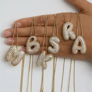 DIYAO Gold Plated Puffy Letter Initial Necklace, Jumbo Icy Bubble Pendant, Personalized Hip Hop Women's Gold Necklace for Fashion Costume Jewelry, Gold Necklace Women